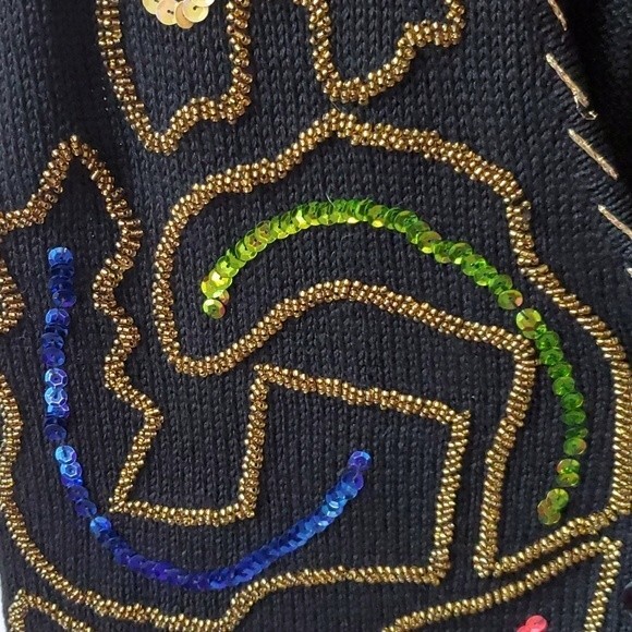 VINTAGE WORK IN PROGRESS UGLY SWEATER VEST BUTTON CARDIGAN SEQUIN BLACK MEDIUM - Picture 3 of 7